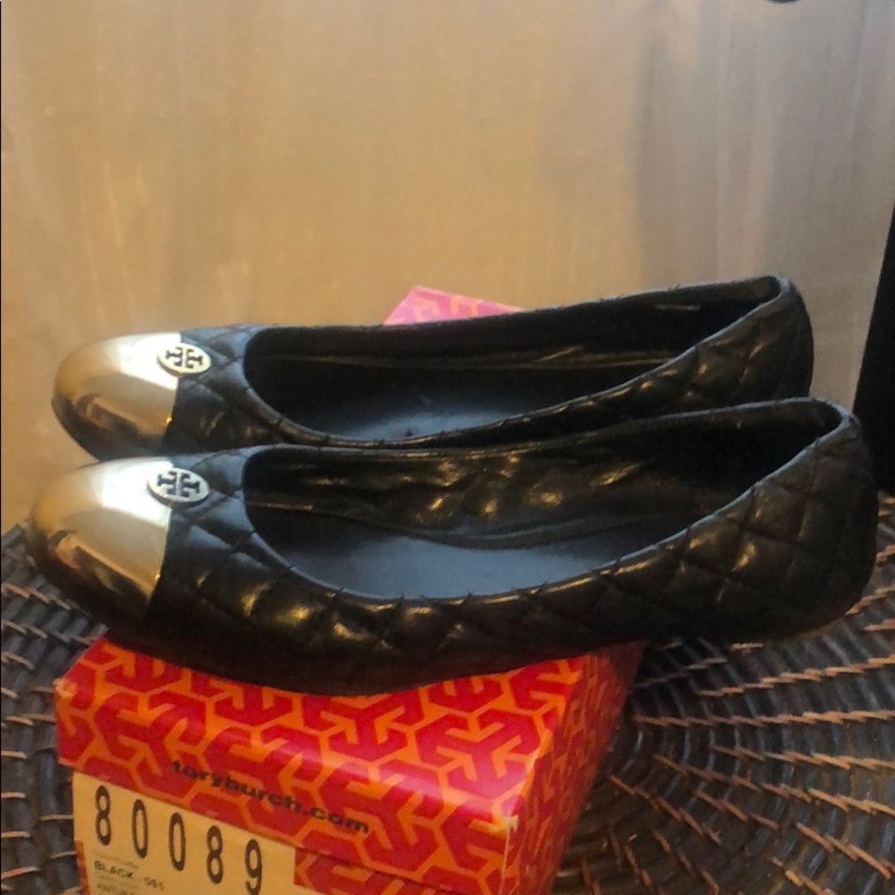 Tory Burch Black and Gold Quilted Flats